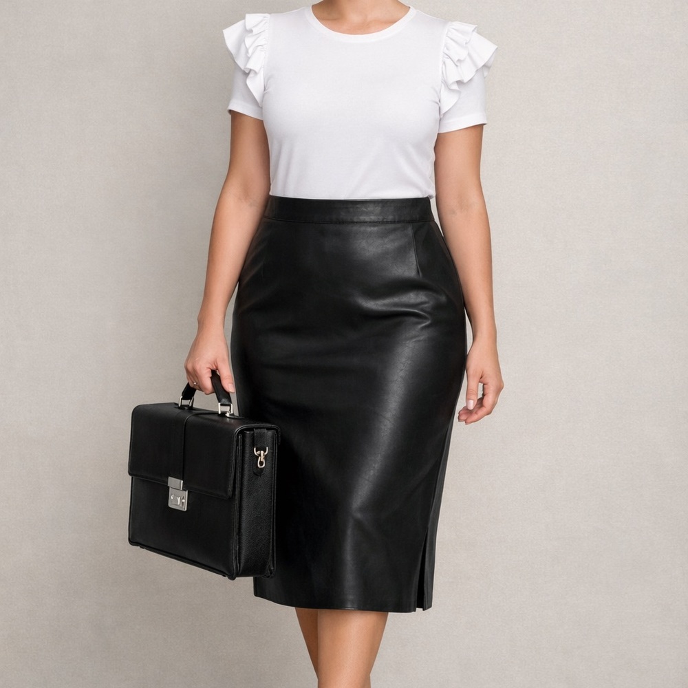 Joseph Ribkoff Black Faux Leather Pencil Skirt XXL Stretch Waist Midi Skirt